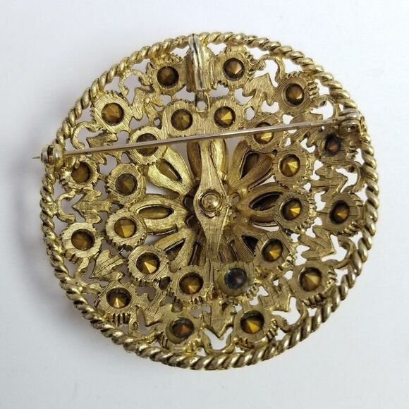 Vintage Large Orange and Yellow Rhinestone Brooch / Pendant, 60s Retro Style - Picture 3 of 6